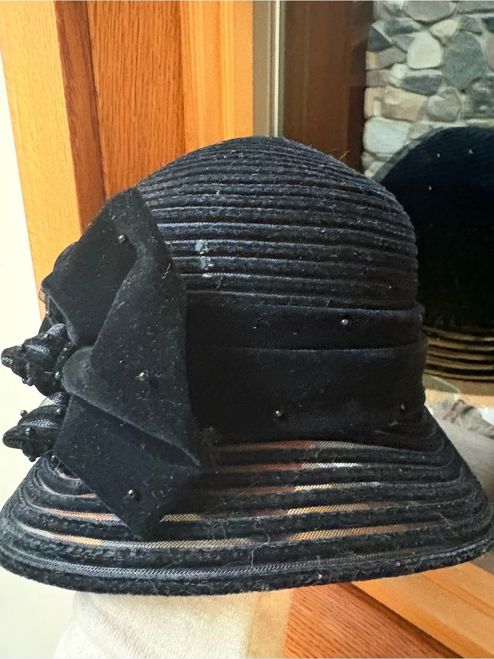 Vintage Swan Hat Black Cloche Mesh Velvet Bows Knots Black Beaded Adjustable